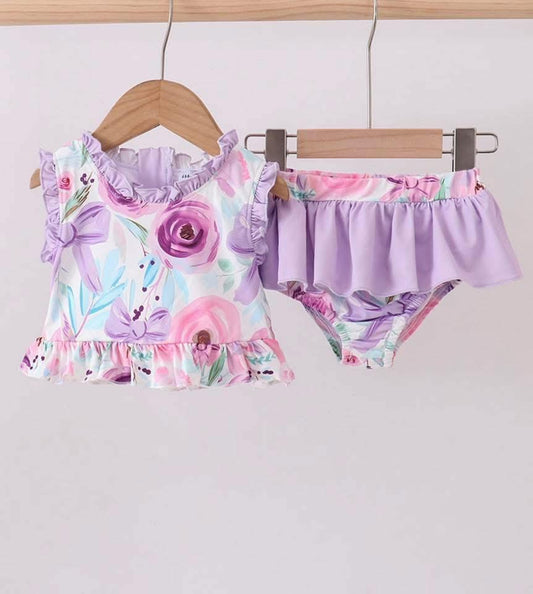 Purple floral print ruffle 2pc swimsuit