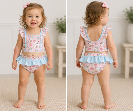 Pink chicken floral 2pcs ruffle swimsuit 💕