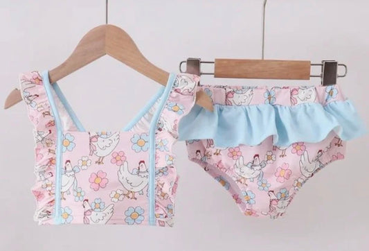 Pink chicken floral 2pcs ruffle swimsuit 💕