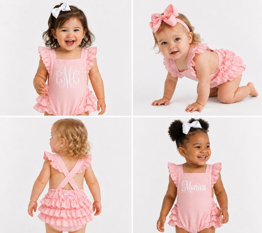 Pink Embroidered Vintage Dot Flutter Overall Romper